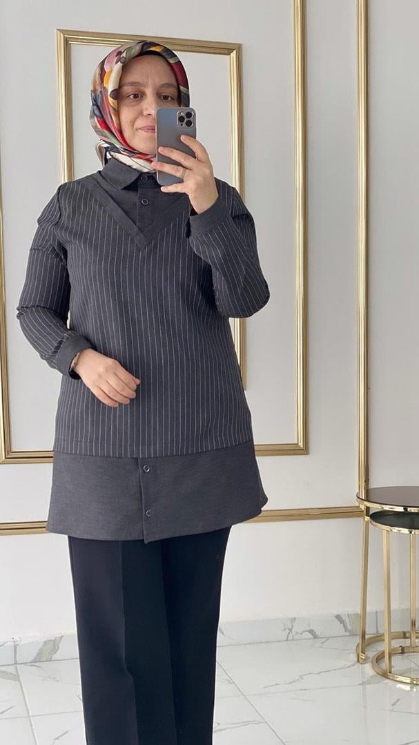 Çizgili Spor Gri Tunik FRY
