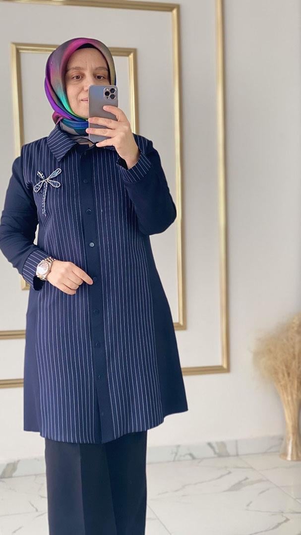 Çizgili Taş Detaylı Spor Lacivert Tunik FRY