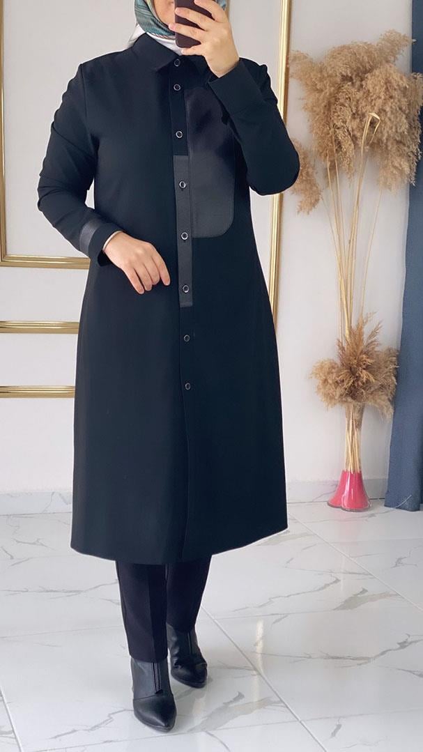 Deri Detaylı Zarif Siyah Tunik FRY