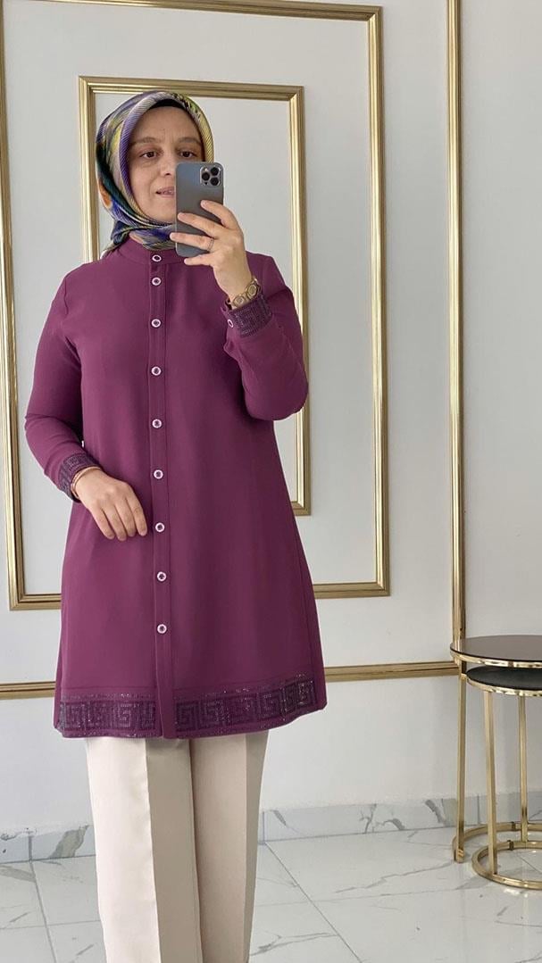 Etek Ucu Taş Detaylı Gül Tunik FRYA1526