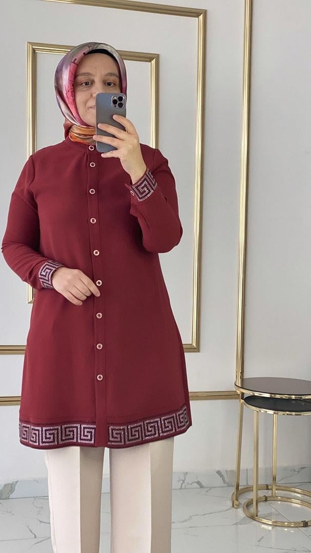 Etek Ucu Taş Detaylı KoyuKiremit Tunik FRY