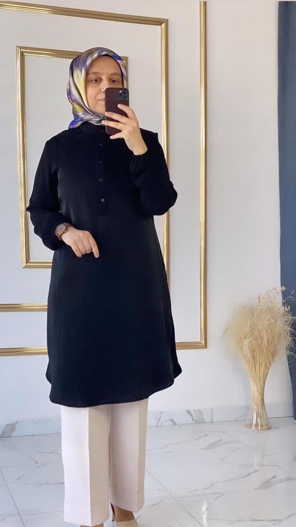 İthal Parlak Kumaş Zarif Siyah Tunik FRY