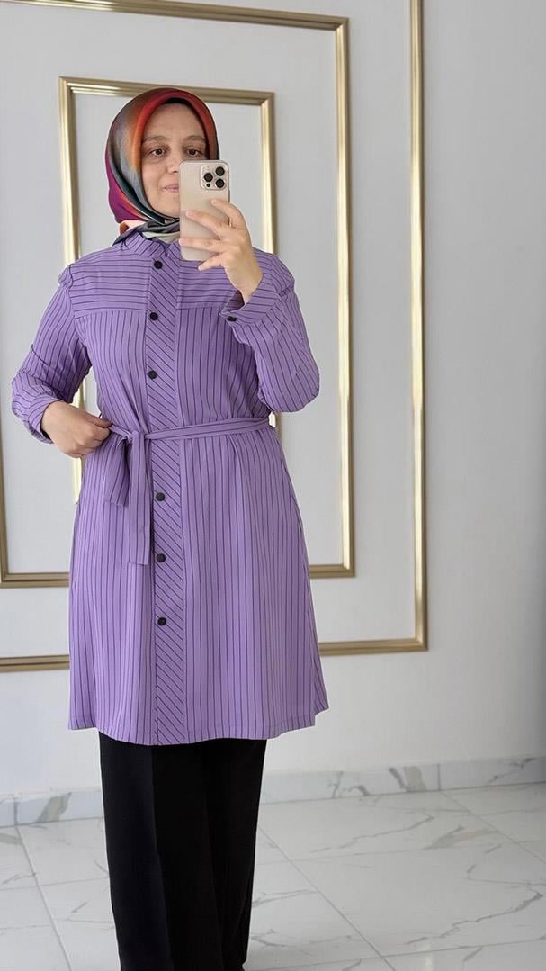 Kemerli Çizgili Lila Tunik FRY