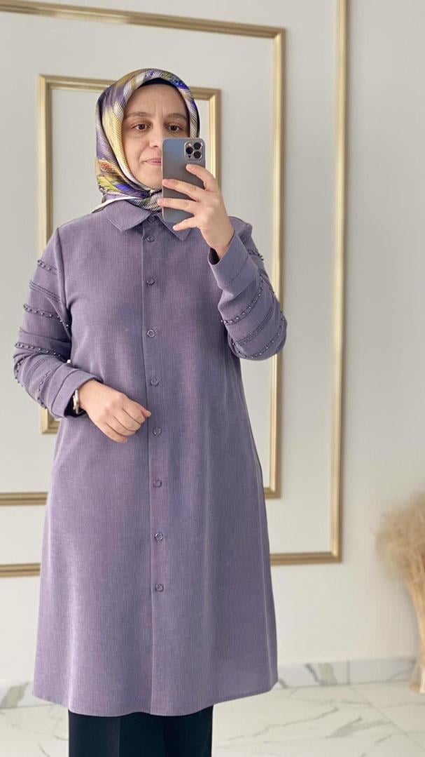 Kolları Taşlı ve İncili Lila Tunik FRY