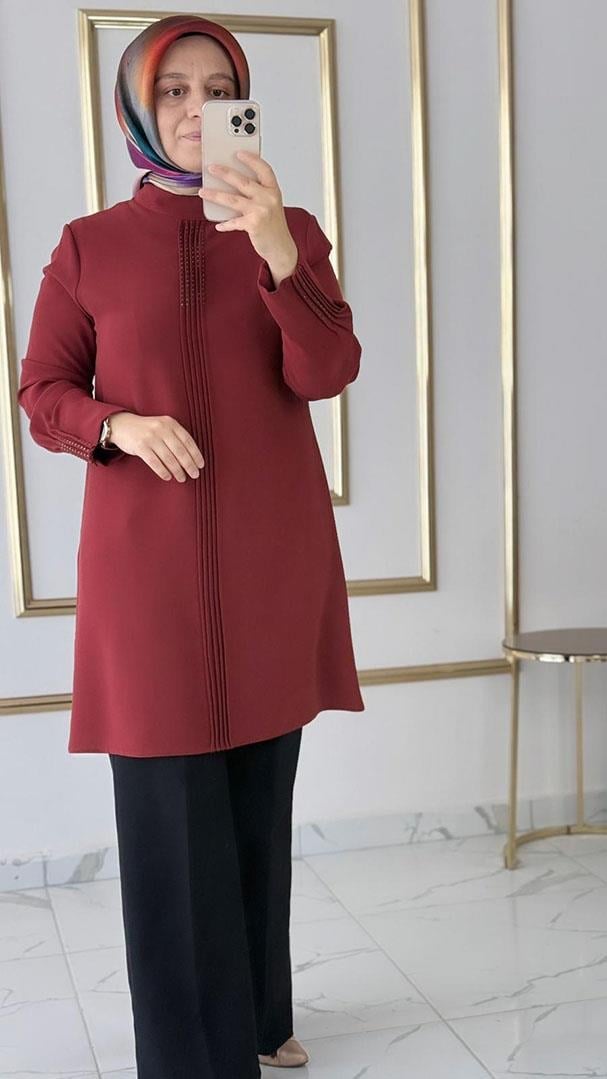 Taş Detaylı Pileli KoyuKiremit Tunik FRY