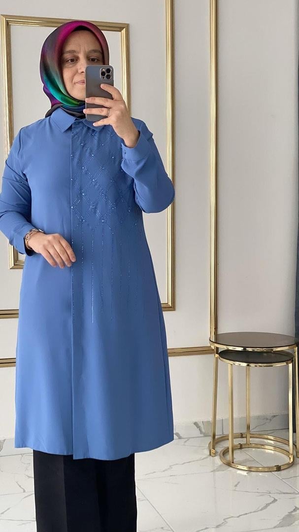Taş Detaylı Zarif Mavi Tunik FRY