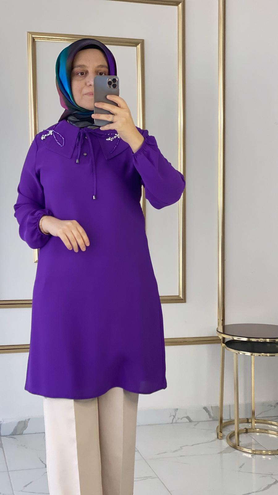 Yaka Taşlı Mor Tunik FRY2910
