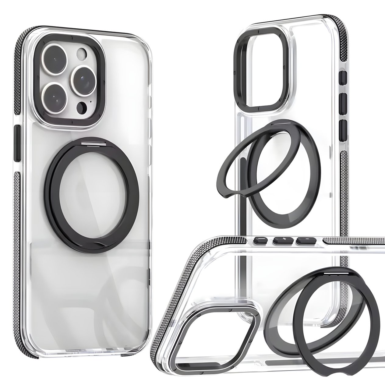 360° Metal Halka Standı Şeffaf Magsafe Telefon Kılıfı Siyah