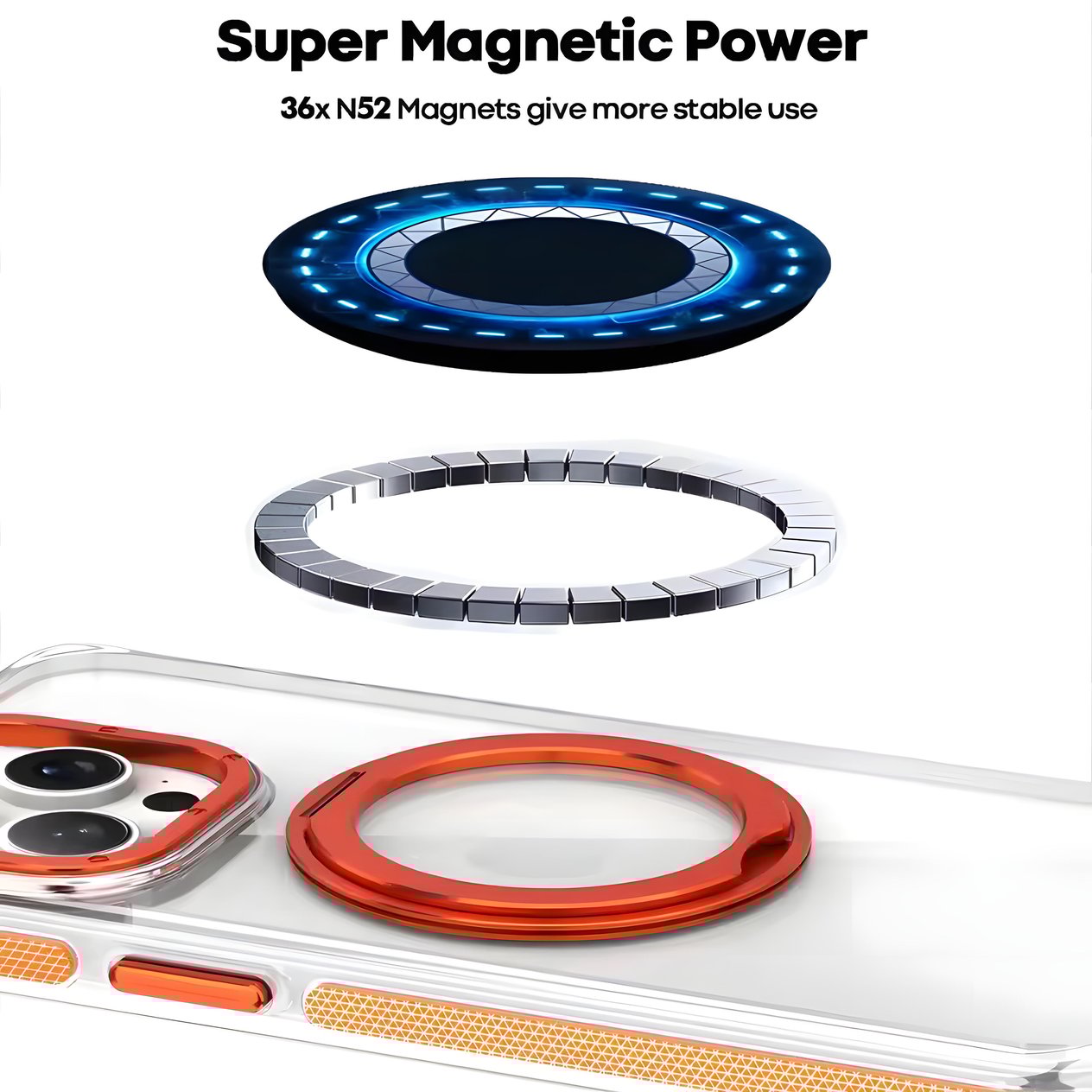 360° Metal Halka Standı Şeffaf Magsafe Telefon Kılıfı Siyah