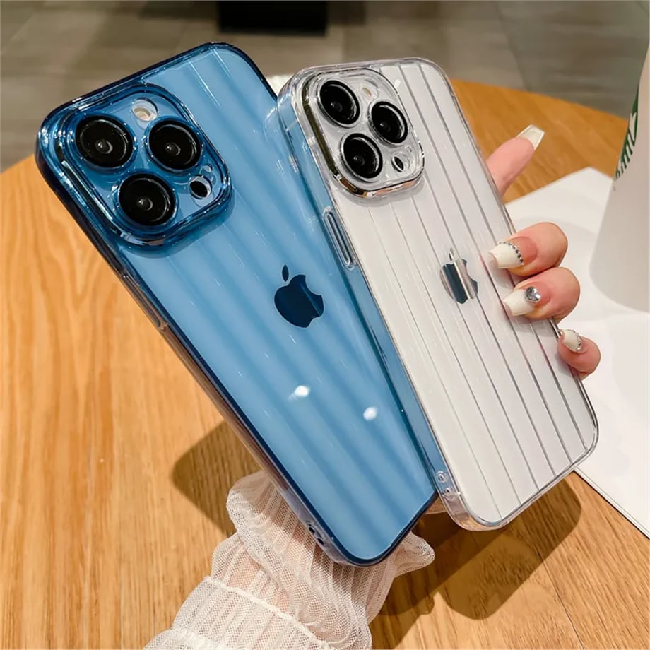 Çizgili Şeffaf Renkli Kamera ve Lens Korumalı Telefon Kılıfı Şeffaf Renkli