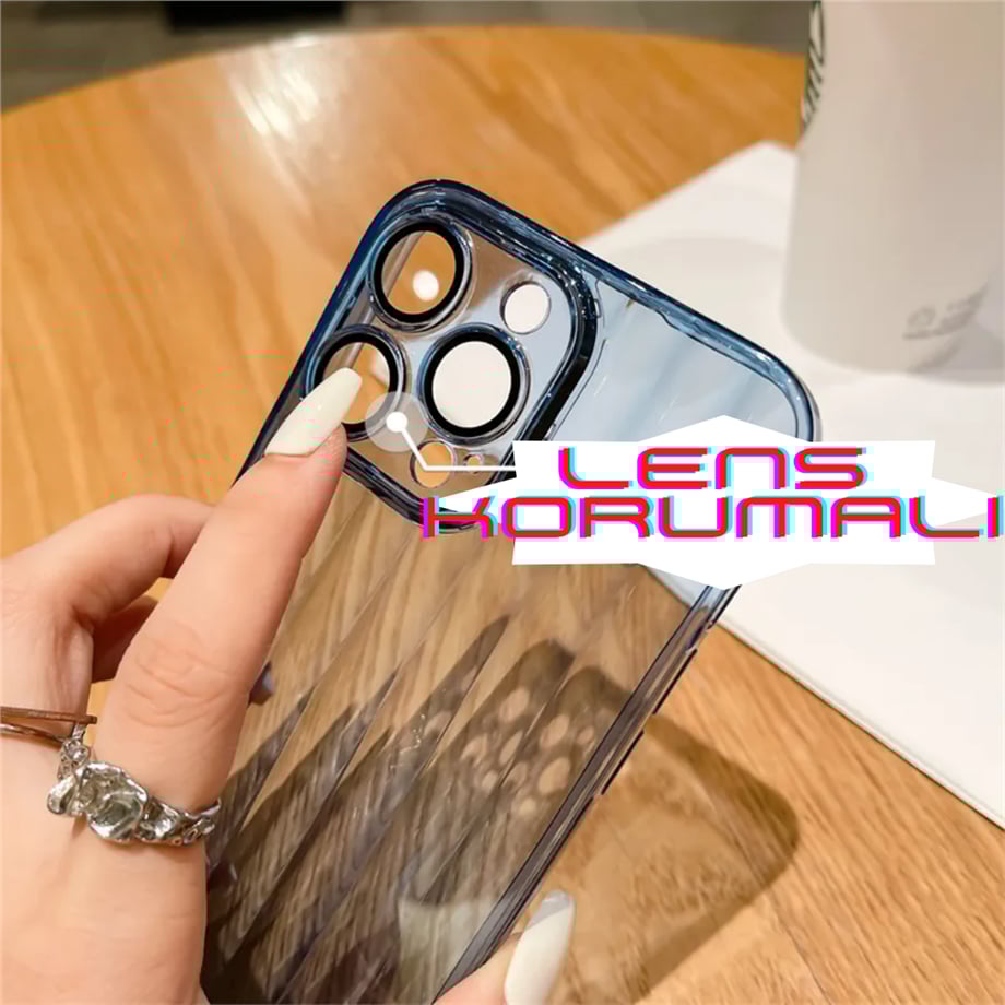 Çizgili Şeffaf Renkli Kamera ve Lens Korumalı Telefon Kılıfı Şeffaf Renkli
