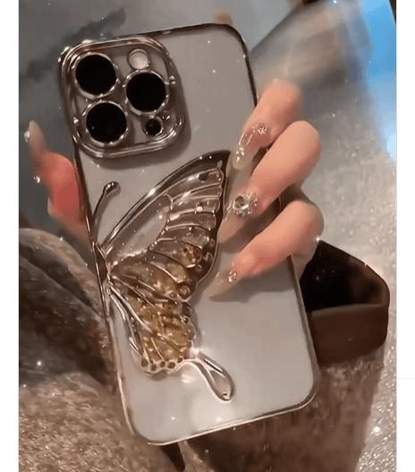Kelebek Figürlü Sulu ve Simli Kamera ve Lens Korumalı Şeffaf Silikon Telefon Kılıfı Gold