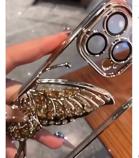 Kelebek Figürlü Sulu ve Simli Kamera ve Lens Korumalı Şeffaf Silikon Telefon Kılıfı Gold