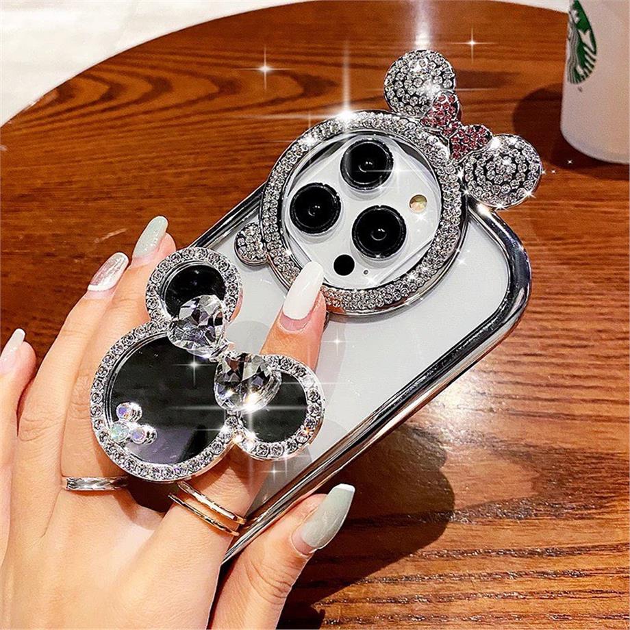 Taşlı Aynalı Poposoketli Minnie Telefon Kılıfı Gümüş Renkli