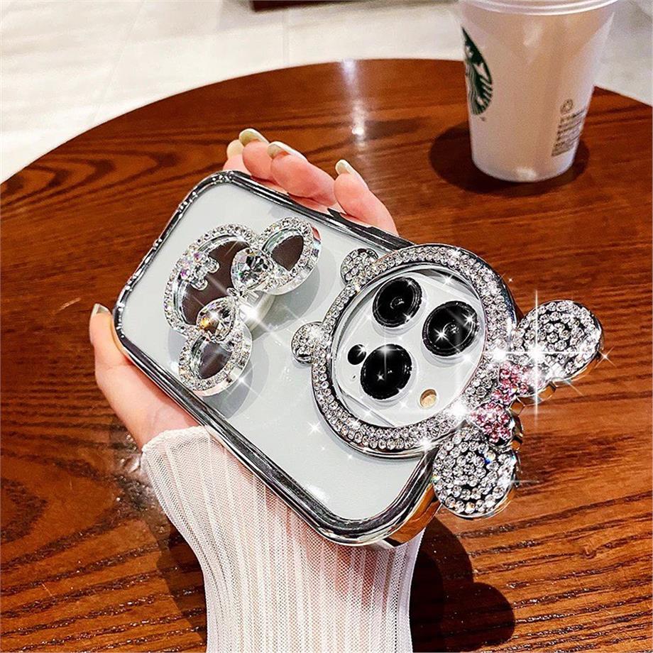 Taşlı Aynalı Poposoketli Minnie Telefon Kılıfı Gümüş Renkli