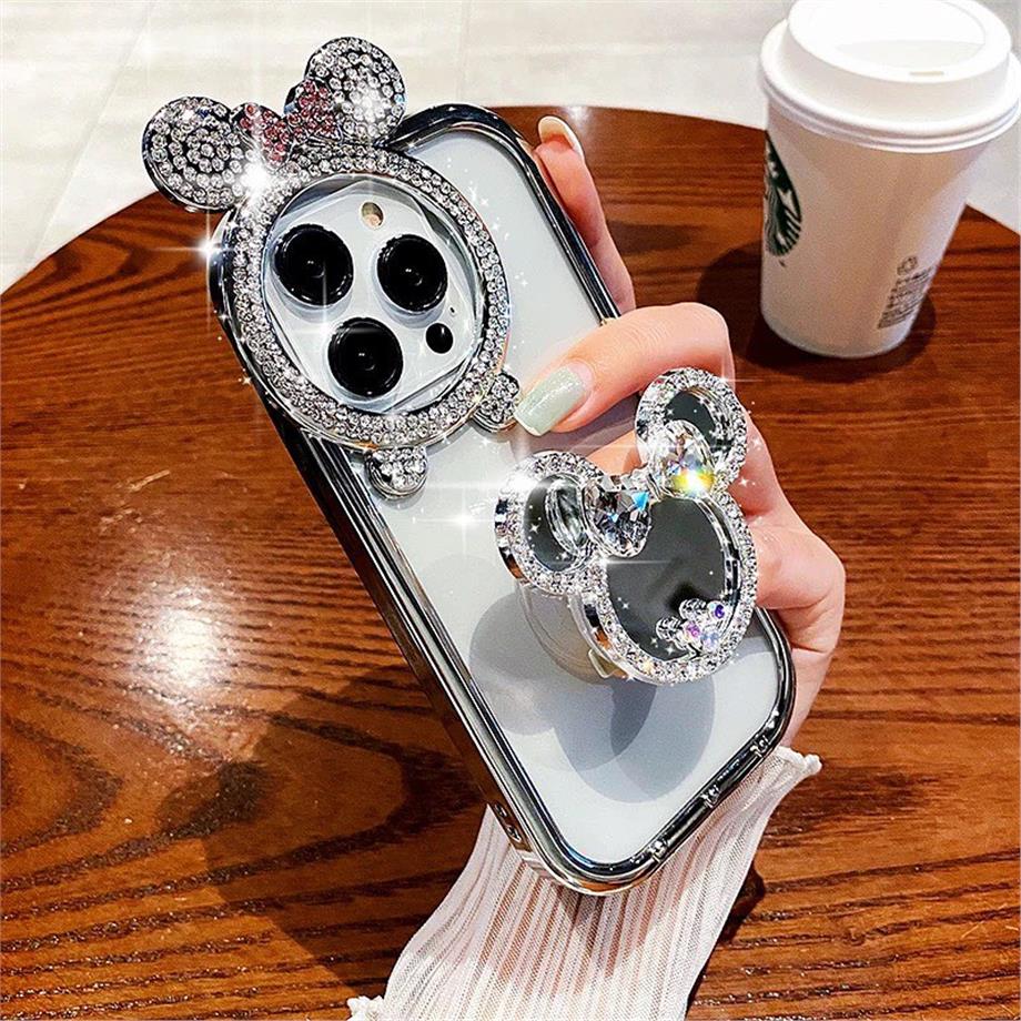 Taşlı Aynalı Poposoketli Minnie Telefon Kılıfı Gümüş Renkli