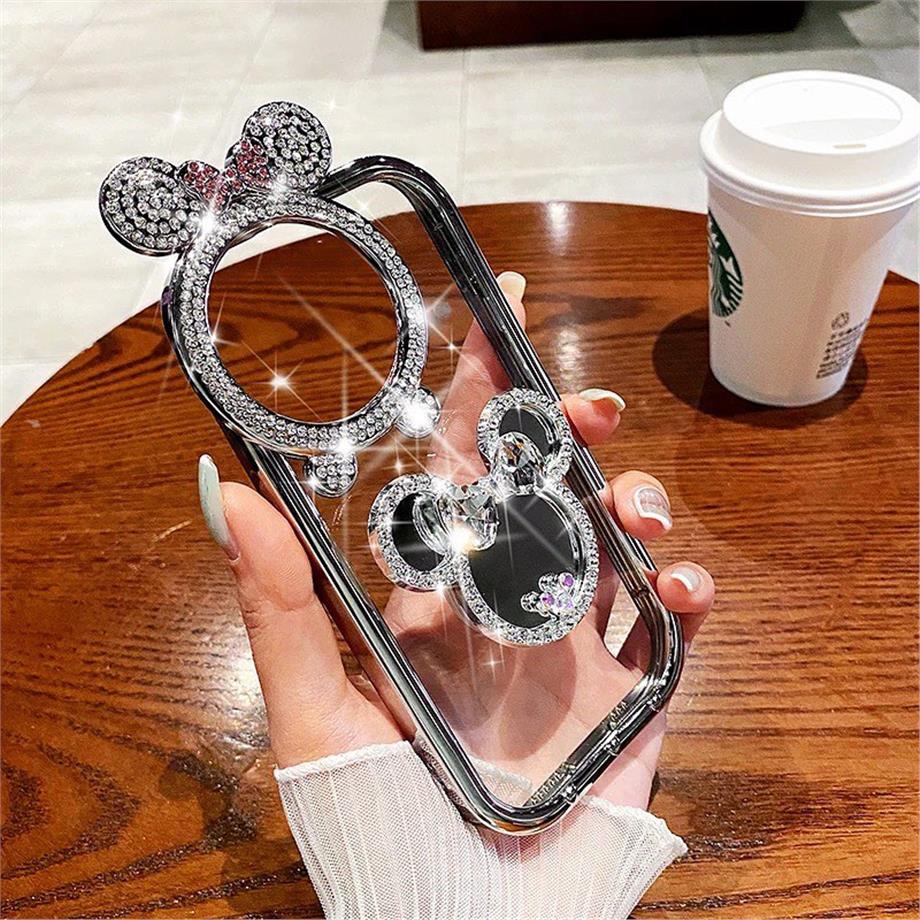 Taşlı Aynalı Poposoketli Minnie Telefon Kılıfı Gümüş Renkli