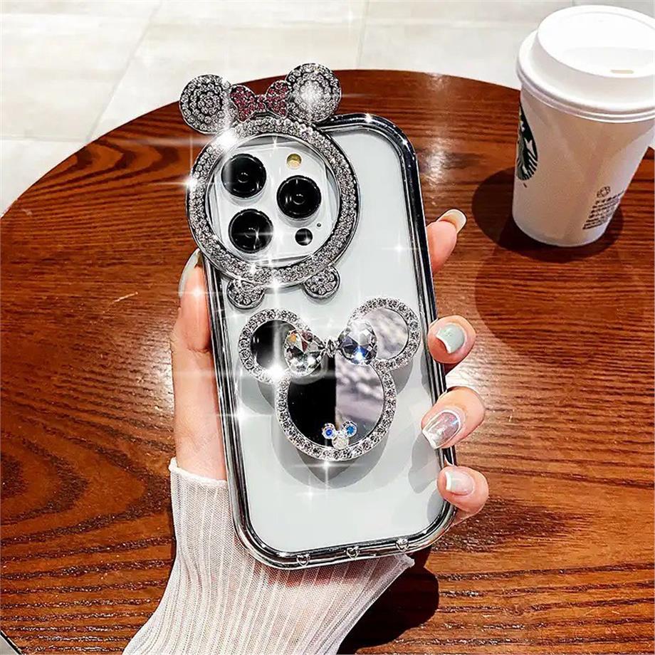 Taşlı Aynalı Poposoketli Minnie Telefon Kılıfı Gümüş Renkli