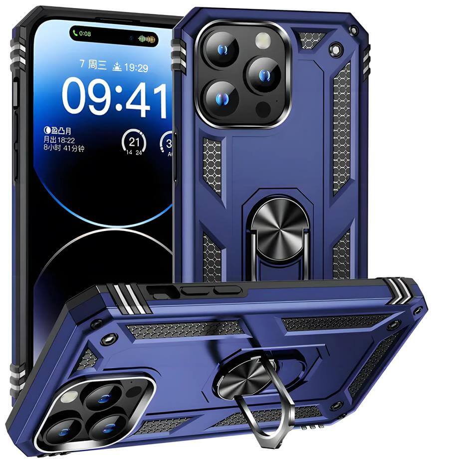 Yüzüklü Standlı Vega Tank Silikon Telefon Kılıfı Mavi Renkli