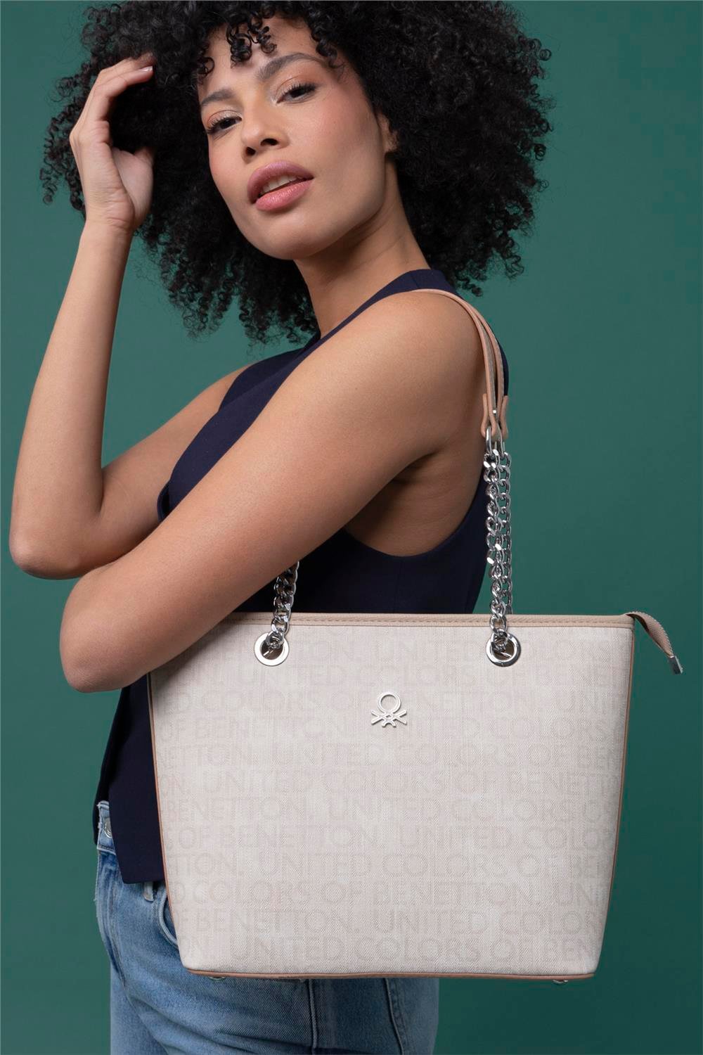 Benetton Bej  Eskitme Monogram Kadın Kol Çantası BNT 1279