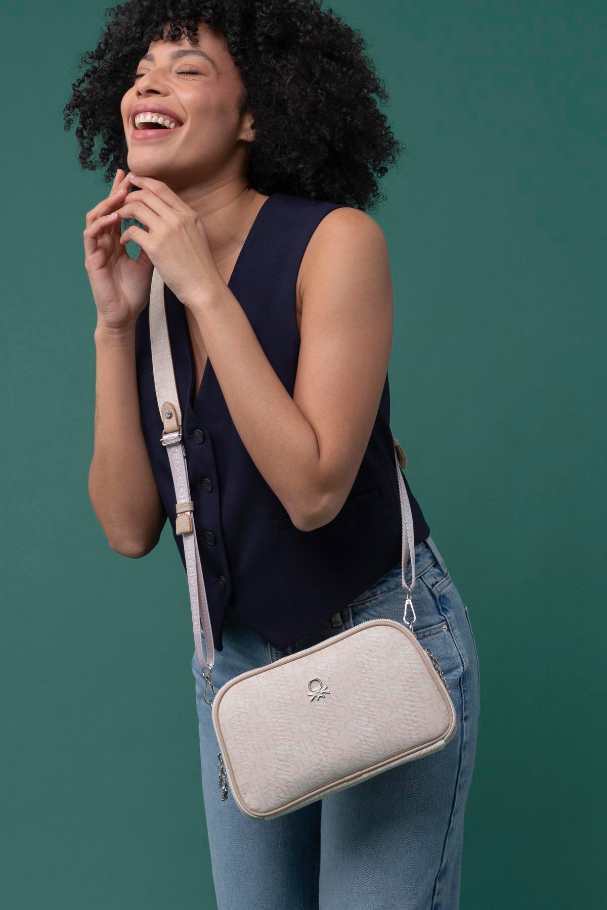 Benetton Bej  Kadın Monogram Eskitme Çapraz Çanta BNT 1277