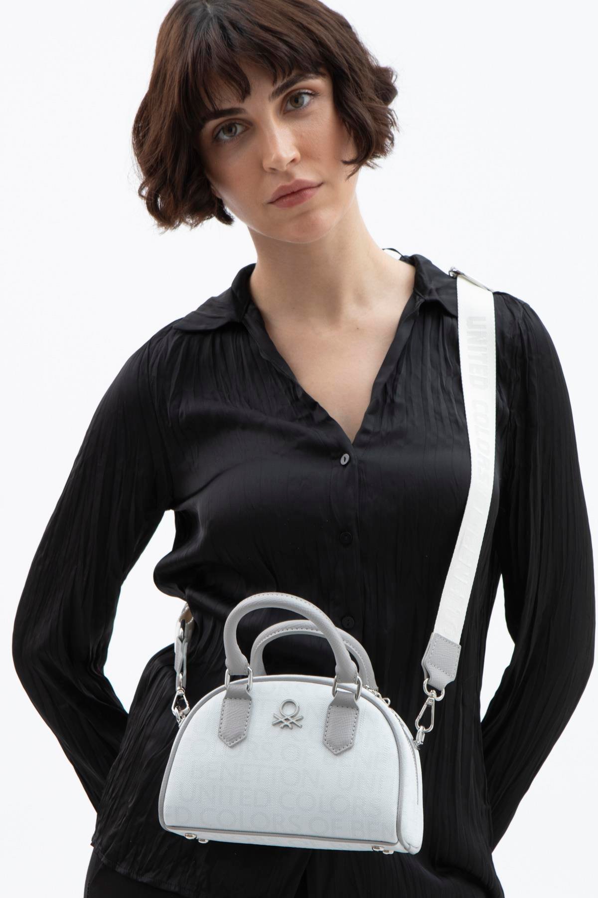 Benetton Beyaz  Mini Boy Monogram Eskitme Kadın El Çantası BNT1602