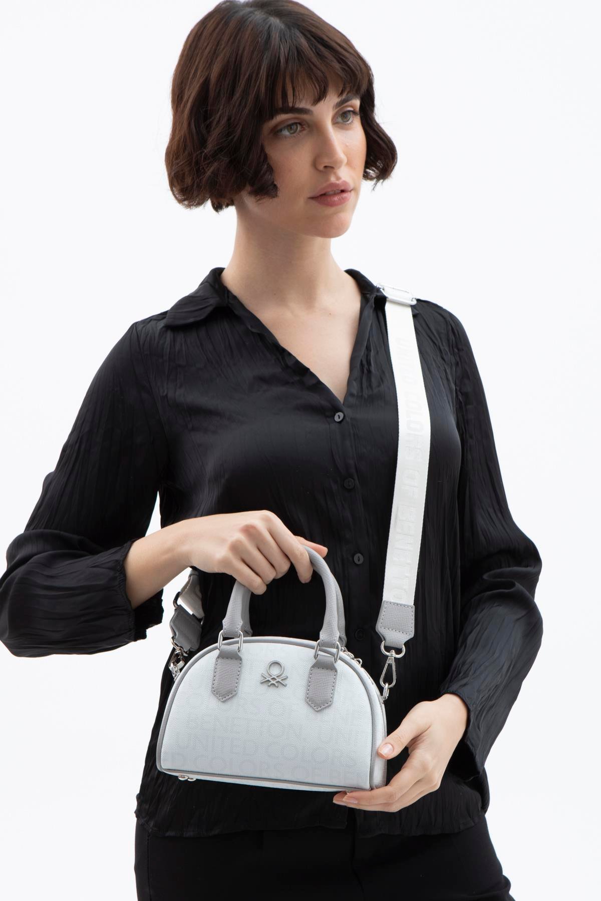 Benetton Beyaz  Mini Boy Monogram Eskitme Kadın El Çantası BNT1602