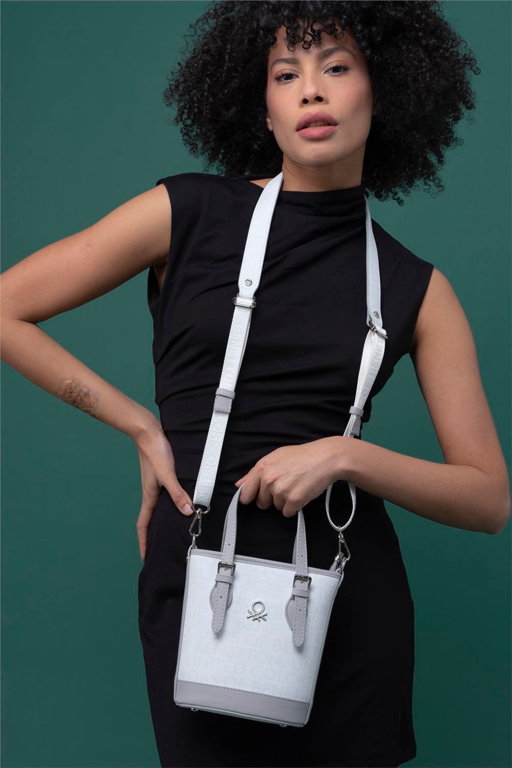 Benetton Beyaz  Monogram Eskitme Kadın Küçük El Çantası BNT 1329