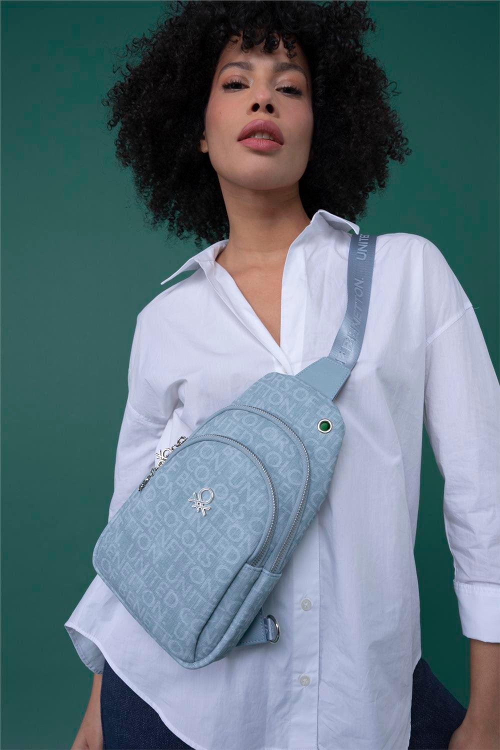 Benetton Mavi  BNT 1286 Eskitme Monogram Kadın Vücut Çantası