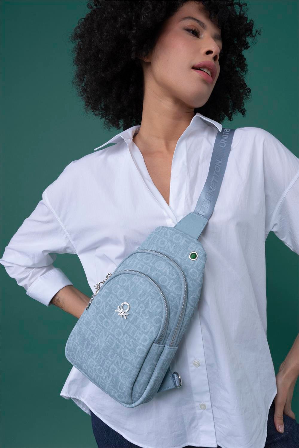 Benetton Mavi  BNT 1286 Eskitme Monogram Kadın Vücut Çantası