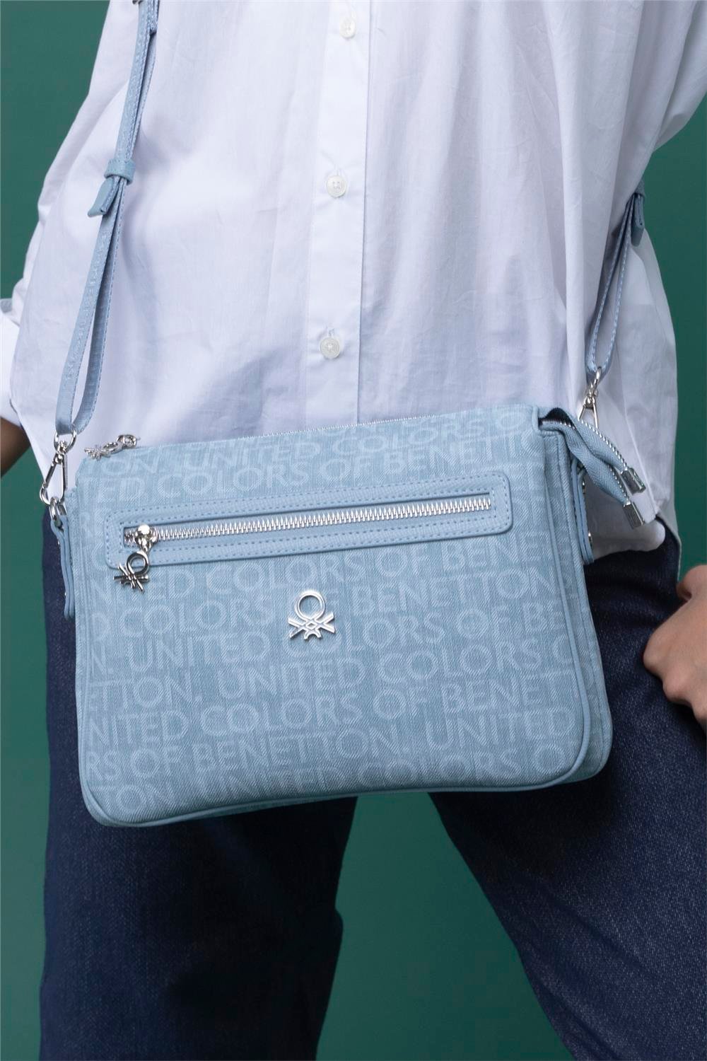 Benetton Mavi  Eskitme Monogram Kadın Çapraz Çanta BNT 1276