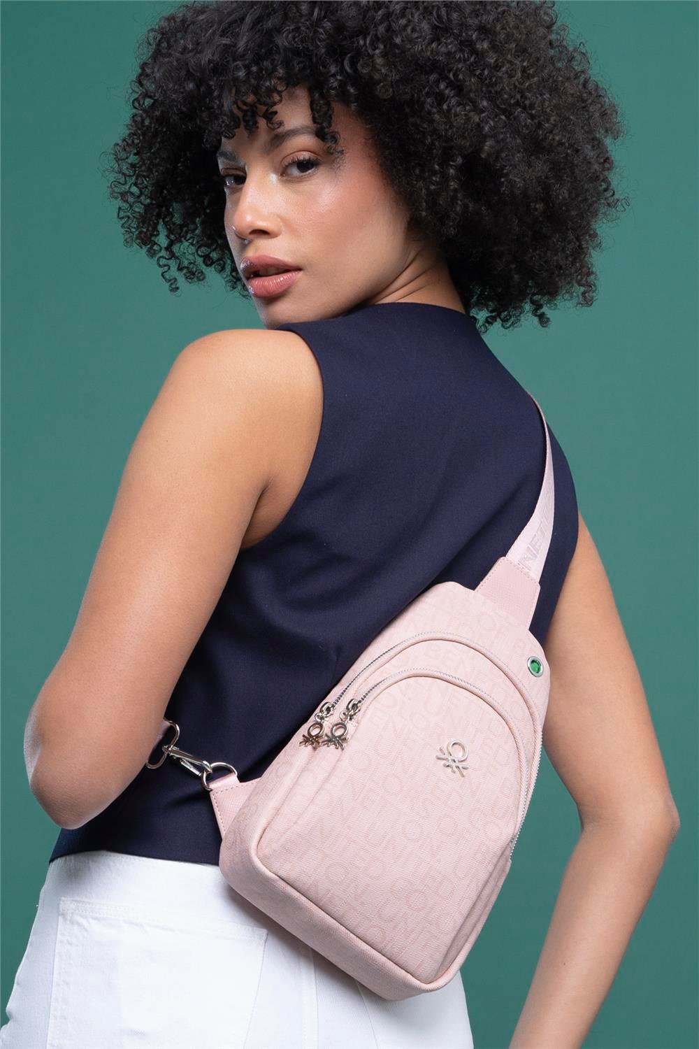 Benetton Pudra  BNT 1286 Eskitme Monogram Kadın Vücut Çantası