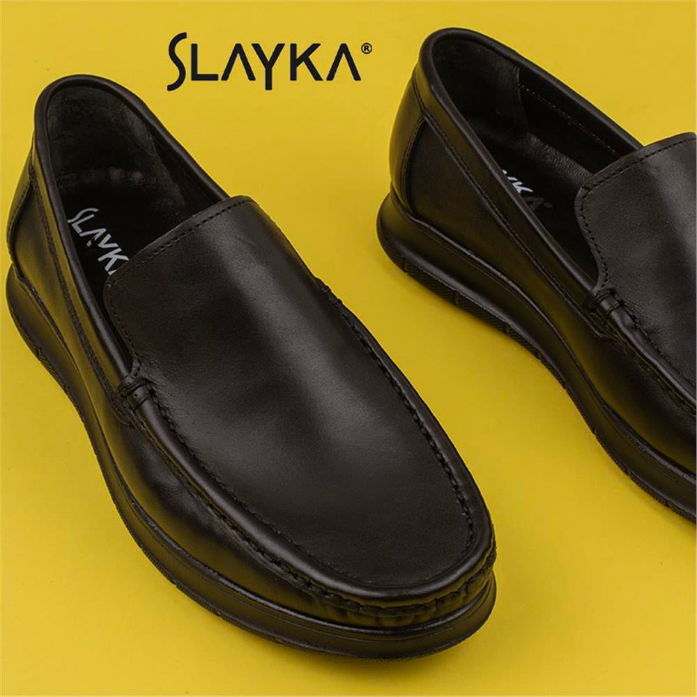 Slayka Siyah  Comfort Erkek Hakiki Deri Bağcıksız Ayakkabı