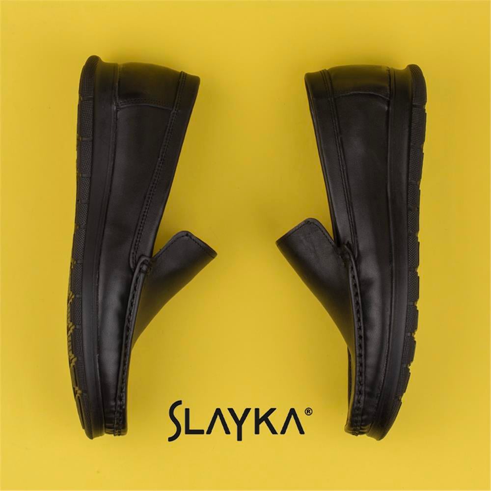 Slayka Siyah  Comfort Erkek Hakiki Deri Bağcıksız Ayakkabı