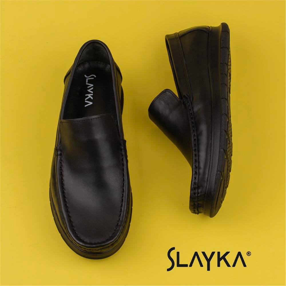 Slayka Siyah  Comfort Erkek Hakiki Deri Bağcıksız Ayakkabı