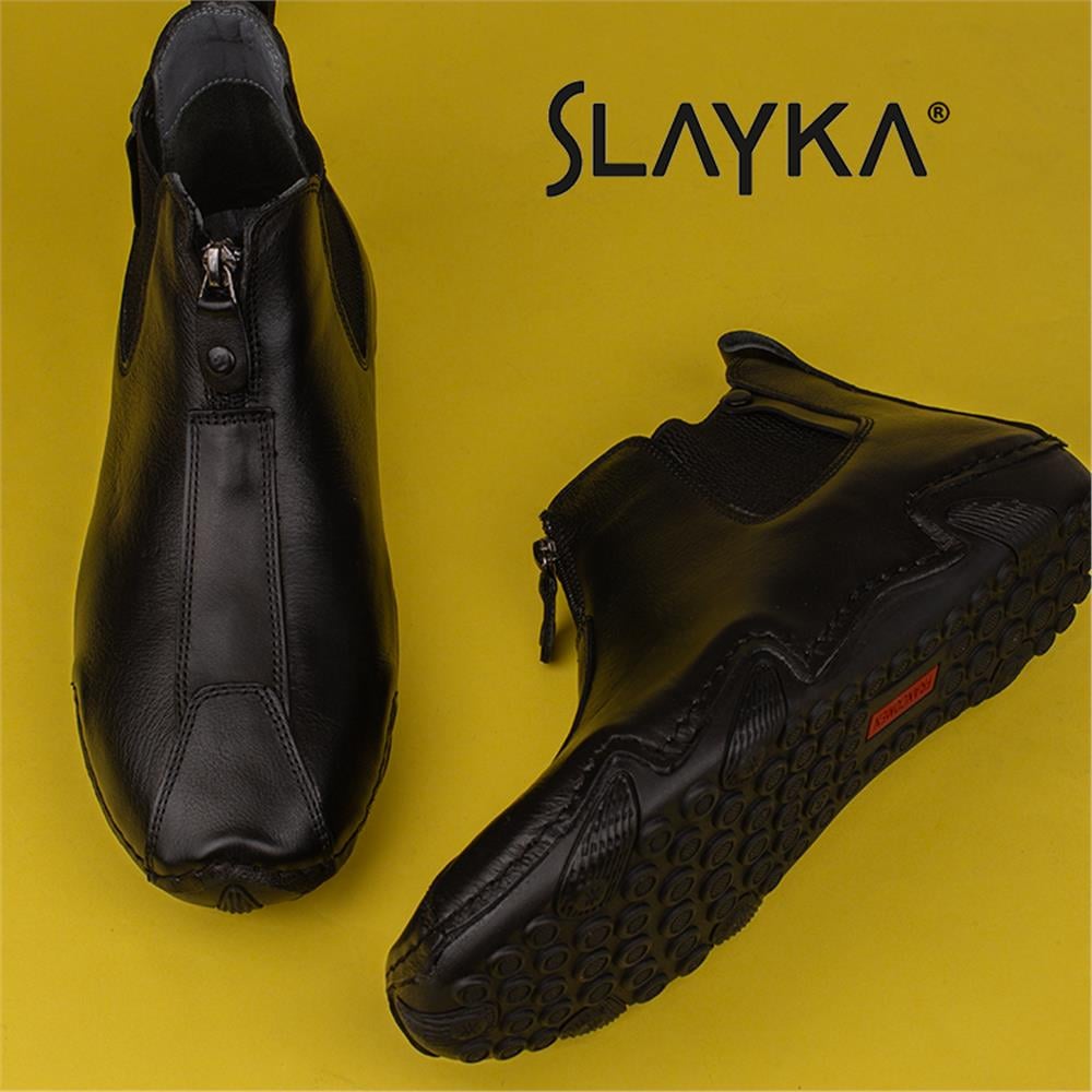 Slayka Siyah  Flexible Erkek Hakiki Deri Esnek Kauçuk Bot
