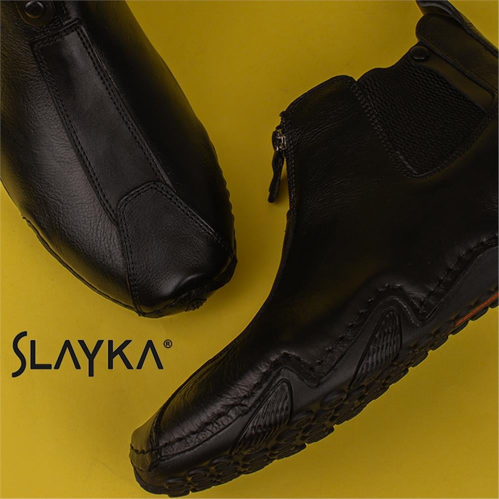 Slayka Siyah  Flexible Erkek Hakiki Deri Esnek Kauçuk Bot