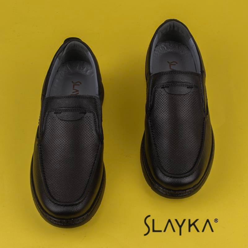 Slayka Siyah  Hafif Hakiki Deri Bağcıksız Casual Ayakkabı