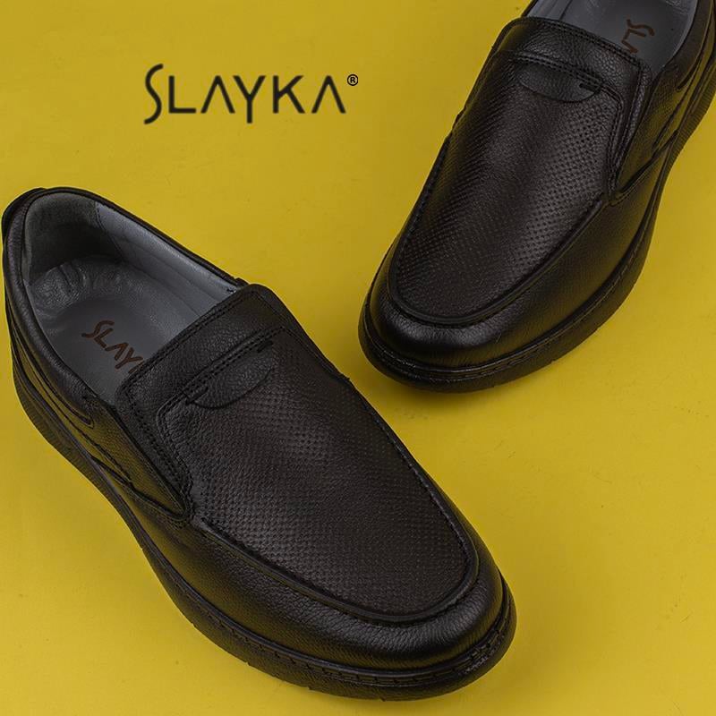 Slayka Siyah  Hafif Hakiki Deri Bağcıksız Casual Ayakkabı
