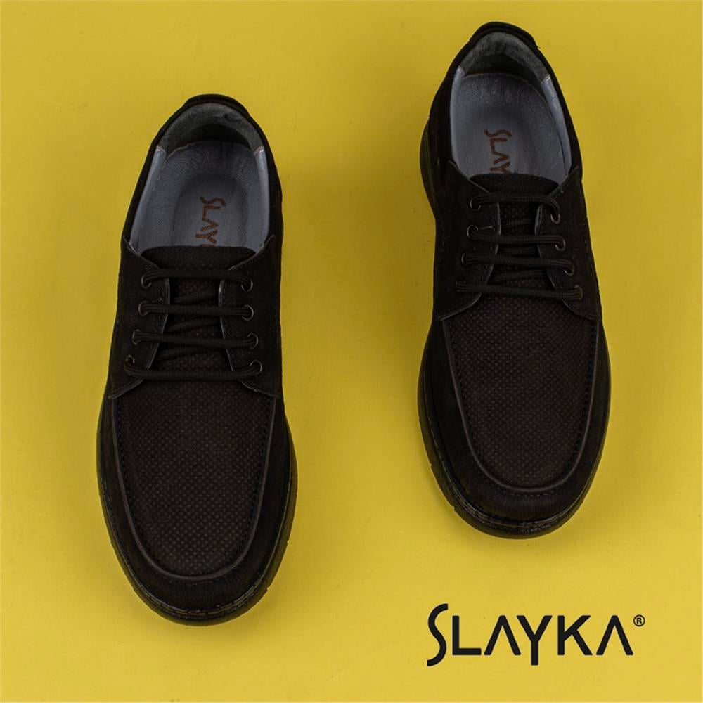 Slayka Siyah  Hafif Hakiki Nubuk Deri Bağcıklı Casual Ayakkabı