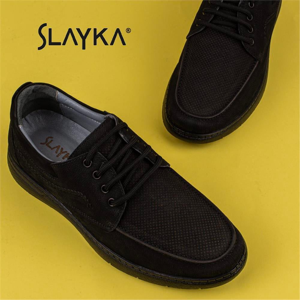 Slayka Siyah  Hafif Hakiki Nubuk Deri Bağcıklı Casual Ayakkabı