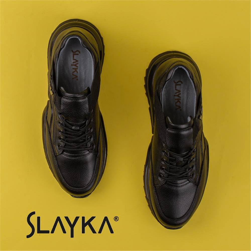 Slayka Siyah  Posh Lastikli Erkek Hakiki Deri Casual Ayakkabı