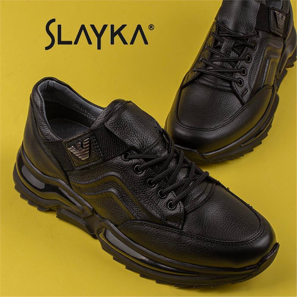 Slayka Siyah  Posh Lastikli Erkek Hakiki Deri Casual Ayakkabı