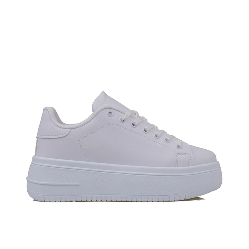 Trend Adımlar Beyaz  Düz Kalın Taban Bağcıklı Kadın Sneaker