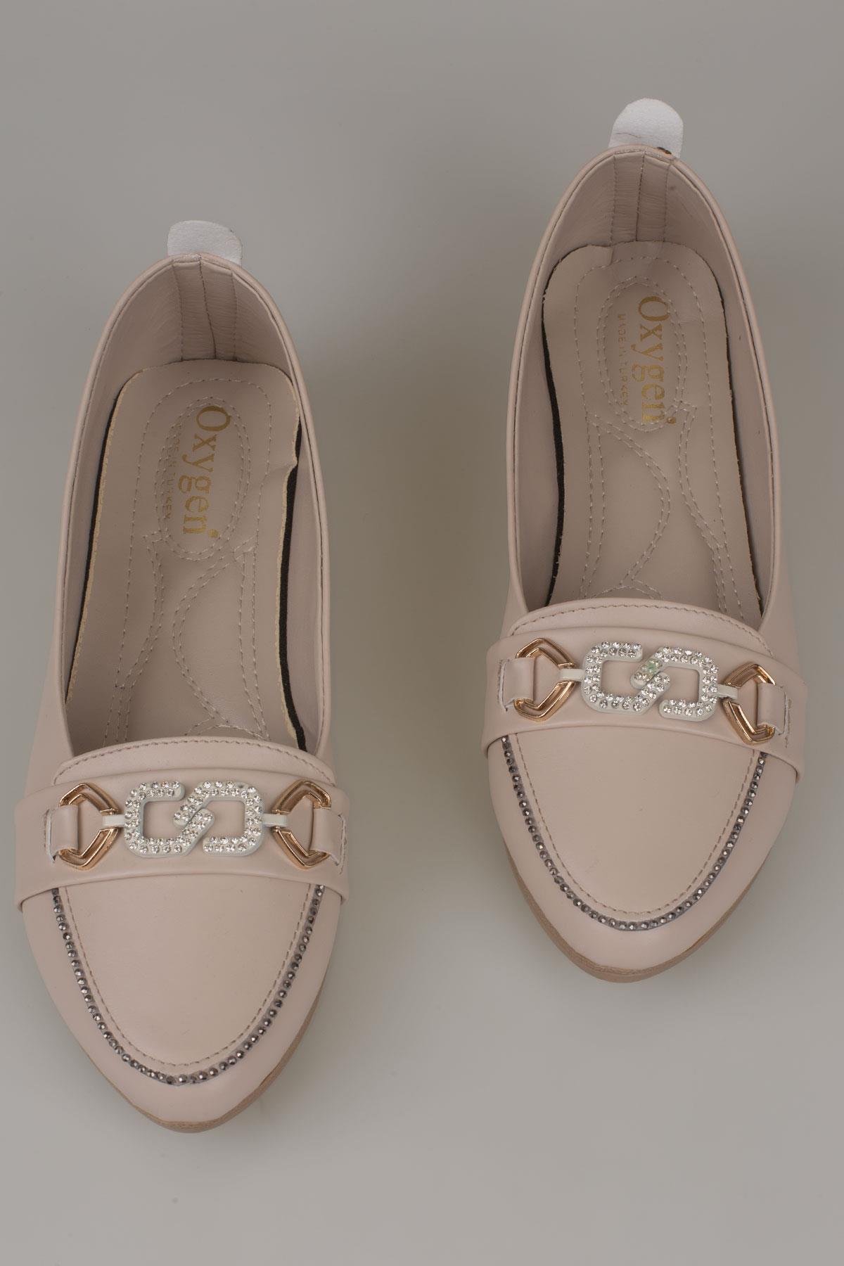 Trend Adımlar Krem  Comfort Taş İşlemeli Kadın Babet