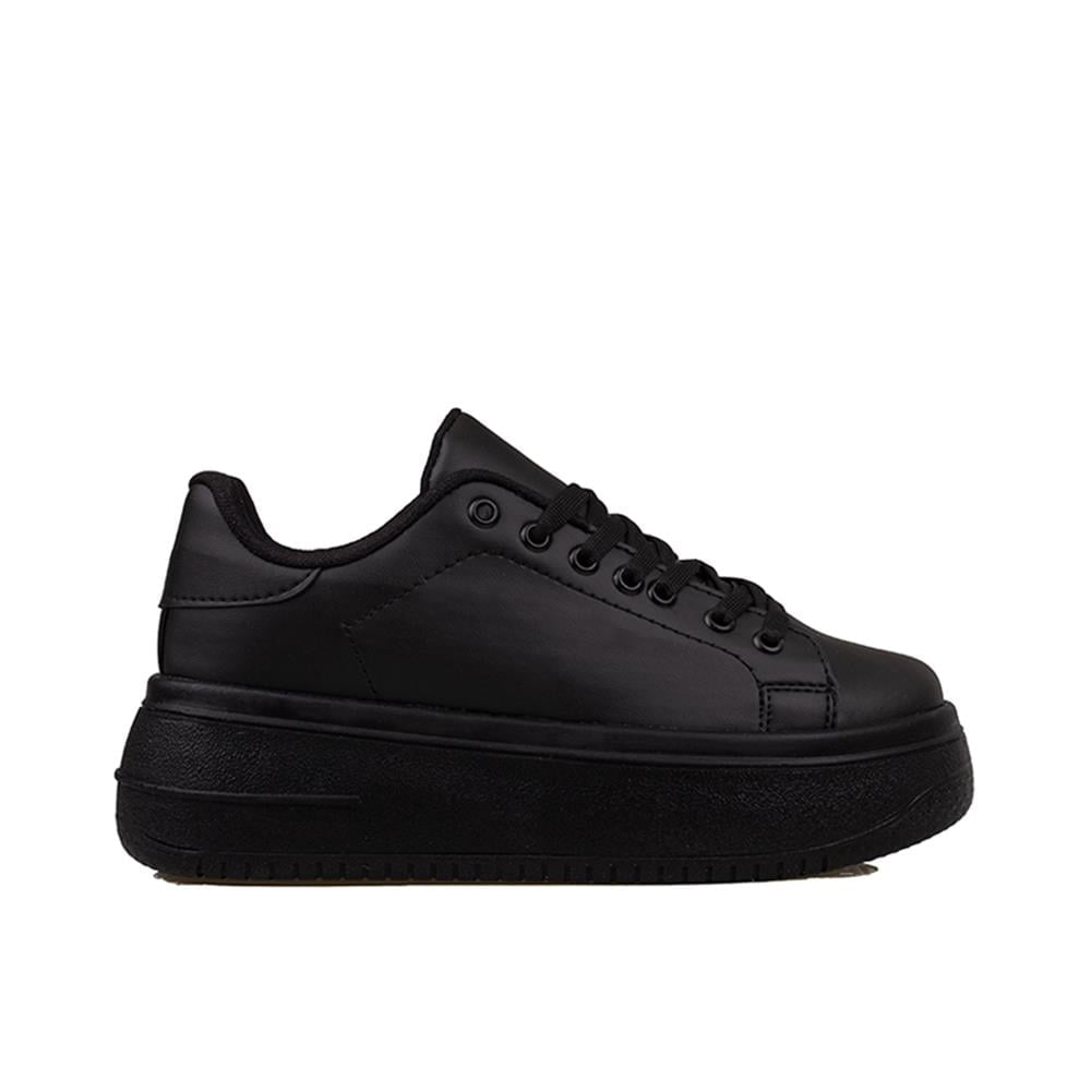 Trend Adımlar Siyah  Düz Kalın Taban Bağcıklı Kadın Sneaker