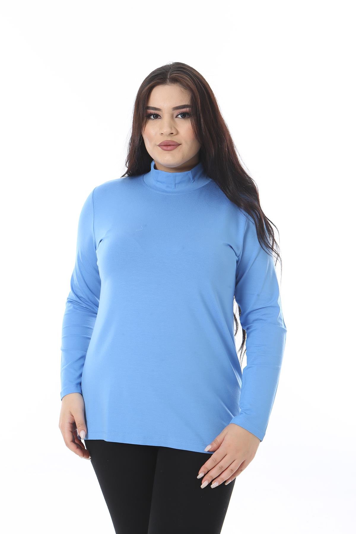 Kadın Büyük Beden Bebe Mavisi Dik Yakalı Uzun Kollu Bluz 65N38540