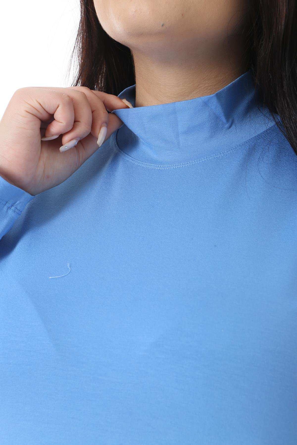 Kadın Büyük Beden Bebe Mavisi Dik Yakalı Uzun Kollu Bluz 65N38540
