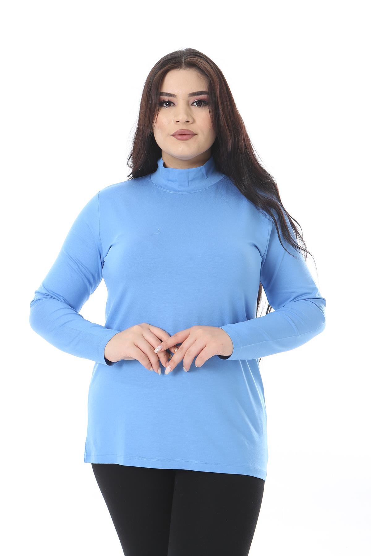 Kadın Büyük Beden Bebe Mavisi Dik Yakalı Uzun Kollu Bluz 65N38540