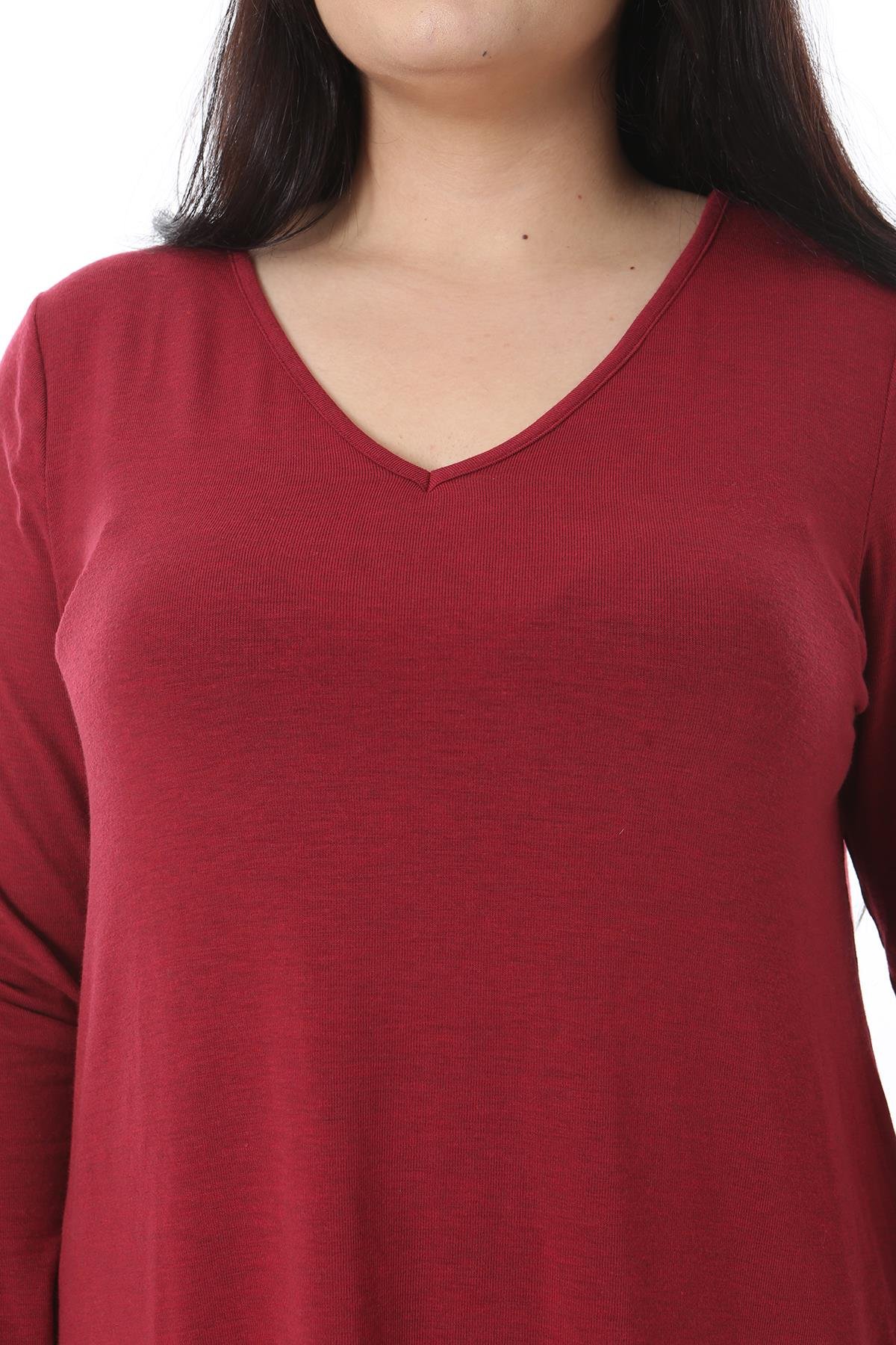 Kadın Büyük Beden Bordo V Yakalı Uzun Kollu Likralı Bluz 65N38652